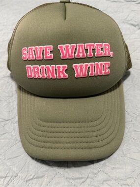 Olive Trucker Hat with Pink "Save Water, Drink Wine" Puff Lettering
